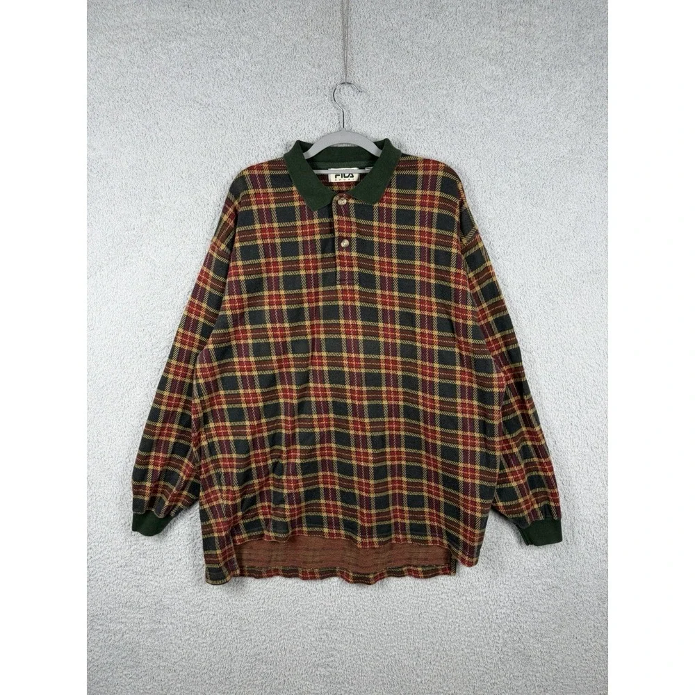 Vintage FILA Sport Men's Size M Long Sleeve Polo Shirt Plaid 90s